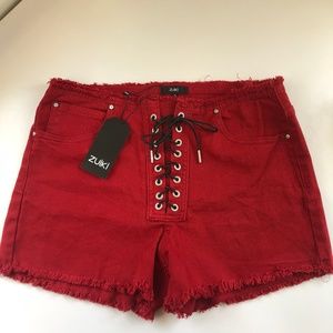 Red Jean Lace-Up Shorts NWT